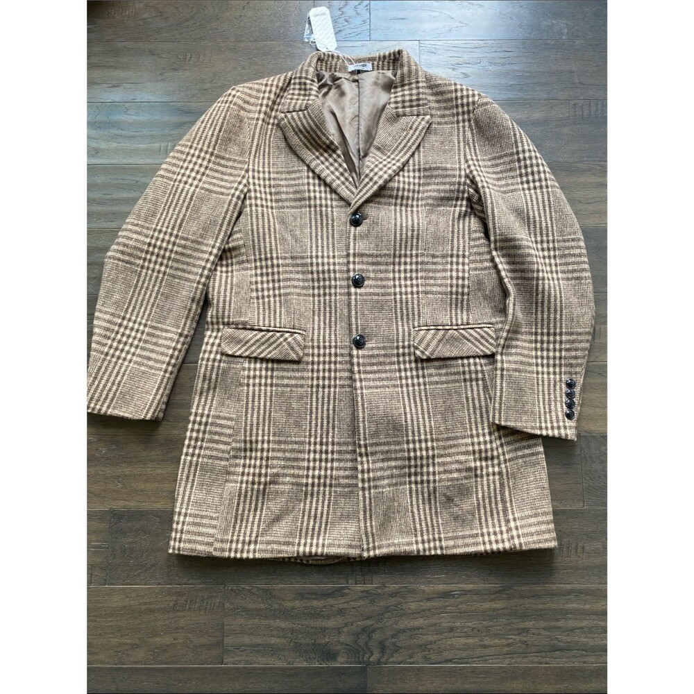 Coofandy Plaid Long Overcoat Mens Sz Large Brown Tan